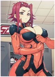Rule 34 | 1girl, biker clothes, bikesuit, bodysuit, breasts, brown eyes, bursting breasts, cleavage, commentary, covered erect nipples, curvy, delux drawings, english commentary, gloves, hair intakes, izayoi aki, large breasts, official alternate costume, racing suit, red hair, shiny clothes, shiny skin, short hair, short hair with long locks, sidelocks, skin tight, skindentation, undersized clothes, wide hips, yu-gi-oh!, yu-gi-oh! 5d&#039;s