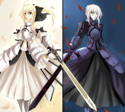 Rule 34 | 2girls, absurdres, armor, armored dress, artoria pendragon (fate), blonde hair, caliburn (fate), capcom, dress, dual persona, excalibur morgan (fate), fate/stay night, fate/unlimited codes, fate (series), faulds, highres, mirror opposites, multiple girls, polar opposites, ram hachimin, saber (fate), saber alter, saber lily, sword, weapon