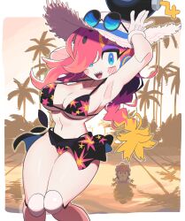 Rule 34 | beach, bikini, blue eyes, blush, bomb, boomina, boomina the maidroid, breasts, cleavage, explosive, gashi-gashi, gloves, hat, highres, large breasts, mechanical arms, pink hair, single mechanical arm, sunglasses on hat, swimsuit