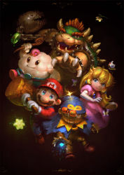 Rule 34 | 1girl, 4boys, armlet, blonde hair, blue cape, blue eyes, blue overalls, bowser, bracelet, brown footwear, brown hair, cape, cassio yoshiyaki, chain chomp, chain, claws, commentary, crown, doll joints, dress, english commentary, eyebrows, facial hair, flower, geno (mario), glowing, hammer, hat, holding, holding hammer, holding stick, horns, jewelry, joints, long hair, looking at viewer, mallow (mario), mario, mario (series), multiple boys, mustache, nintendo, open mouth, overalls, pink dress, princess peach, red headwear, red shirt, sharp teeth, shirt, shoes, smile, spiked armlet, spiked bracelet, spikes, star (symbol), stick, super mario rpg, teeth, thick eyebrows
