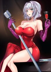 Rule 34 | 1girl, breasts, champagne flute, cleavage, collarbone, commentary, commission, covered navel, cup, dress, drinking glass, english commentary, grey hair, highres, holding, holding cup, holding microphone, kamishiro rita, large breasts, crossed legs, looking at viewer, microphone, nyctea snow, open mouth, prism project, red dress, second-party source, short hair, signature, sitting, solo, sparkle, virtual youtuber