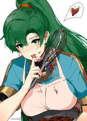 Rule 34 | 1girl, absurdres, apron, breasts, chocolate, dress, fire emblem, fire emblem: the blazing blade, fire emblem heroes, green eyes, green hair, high ponytail, highres, large breasts, long hair, looking at viewer, lyn (fire emblem), nintendo, open mouth, ormille, ponytail, smile, white background