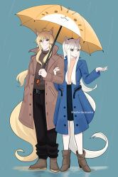Rule 34 | 2girls, ahoge, animal ear fluff, animal ears, arknights, black pants, black skirt, blonde hair, blue background, blue coat, boots, brown coat, brown eyes, brown footwear, brown shirt, closed mouth, coat, commentary, hair between eyes, hand up, high heel boots, high heels, holding, holding umbrella, horse ears, horse girl, horse tail, long hair, long sleeves, multiple girls, nearl (arknights), open clothes, open coat, orange eyes, pants, pantyhose, platinum (arknights), ponytail, print umbrella, puddle, rain, shirt, simple background, skirt, smile, supershrimpcakes, symbol-only commentary, tail, twitter username, umbrella, very long hair, water, white hair, white pantyhose, yellow umbrella