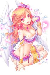 Rule 34 | 1girl, angel wings, armlet, ass, asymmetrical hair, ball, bangle, bare shoulders, bittersweet (dalcoms), bow, bra, bracelet, braid, breasts, brown hair, cleavage, earrings, feathers, frilled panties, frills, full body, hair bow, hair ornament, heart, heart hair ornament, heart o-ring, highres, jewelry, long hair, looking at viewer, medium breasts, muriel (soccer spirits), open mouth, panties, paw print, pink eyes, ring, sitting, smile, soccer ball, soccer spirits, solo, striped clothes, striped panties, tattoo, thighhighs, transparent background, underwear, white feathers, white wings, wings