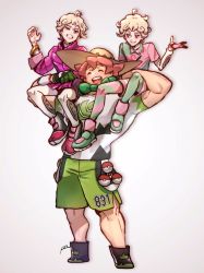 Rule 34 | 3boys, ahoge, bede (pokemon), beige headwear, blonde hair, carrying, clenched teeth, closed eyes, coat, collared shirt, commentary request, creatures (company), curly hair, freckles, game freak, gloves, green shorts, grey background, hand up, hat, highres, leggings, looking at another, male focus, milo (pokemon), multiple boys, muscular, nintendo, paa (drgnstom), partially fingerless gloves, pink hair, poke ball, poke ball (basic), pokemon, pokemon swsh, purple coat, purple eyes, shirt, shoes, short sleeves, shorts, side slit, side slit shorts, smile, standing, striped legwear, sun hat, teeth, watch, white legwear, wristwatch