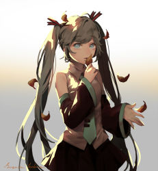 Rule 34 | 1girl, aqua hair, aqua necktie, arm up, artist name, autumn leaves, black skirt, black sleeves, blue eyes, collared shirt, commentary request, detached sleeves, falling leaves, gradient background, grey shirt, hatsune miku, holding, holding leaf, leaf, long hair, looking at viewer, necktie, shirt, signature, skirt, sleeveless, sleeveless shirt, solo, sugata keburu, twintails, very long hair, vocaloid, wing collar
