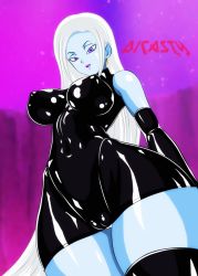 Rule 34 | 10s, 1girl, absurdres, alien, alternate costume, alternate hairstyle, angel (dragon ball), black dress, black gloves, blue skin, breasts, cameltoe, colored skin, cowboy shot, curvy, detached sleeves, dicasty, dragon ball, dragon ball super, dress, earrings, elbow gloves, eyelashes, facing viewer, female focus, from below, gloves, highres, impossible clothes, impossible dress, jewelry, latex, latex suit, lipstick, long hair, looking at viewer, looking down, makeup, medium breasts, panties, panty peek, purple eyes, purple lips, short dress, skin tight, solo, standing, straight hair, text focus, thick thighs, thighhighs, thighs, underwear, vados (dragon ball), very long hair, white hair, white panties, wide hips, from below, zettai ryouiki