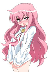 Rule 34 | 1girl, :o, angry, blush, collared shirt, commentary, cowboy shot, embarrassed, hair between eyes, highres, long hair, looking at viewer, louise francoise le blanc de la valliere, neck ribbon, no pants, nose blush, open mouth, pink eyes, pink hair, red ribbon, ribbon, shirt, shirt tug, sidelocks, silky (silky illust), simple background, sleeves past wrists, solo, star (symbol), tears, v-shaped eyebrows, very long hair, wavy hair, white background, white shirt, zero no tsukaima