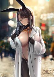 Rule 34 | 1girl, absurdres, animal ears, areola slip, backlighting, black gloves, black hair, black pantyhose, blurry, blurry background, blush, breasts, brown eyes, city, closed mouth, coat, cowboy shot, exhibitionism, fake animal ears, gloves, highres, large breasts, leash, long hair, long sleeves, looking at viewer, mappaninatta, meme attire, navel, open clothes, open coat, original, outdoors, overcoat, pantyhose, pet play, public indecency, rabbit ears, reverse bunnysuit, reverse outfit, solo, white coat