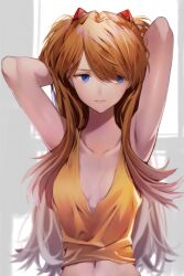 Rule 34 | 1girl, armpits, arms behind head, arms up, blue eyes, breasts, breasts apart, cleavage, closed mouth, collarbone, highres, interface headset, long hair, looking to the side, medium breasts, navel, neon genesis evangelion, shirt, solo, souryuu asuka langley, t-shirt, upper body, white shirt, yagisawa teru