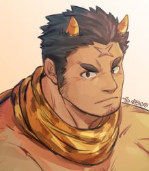 Rule 34 | 1boy, bad id, bad twitter id, blush, brown hair, chest hair, cross scar, facial hair, highres, horns, houzouin oniwaka, long sideburns, looking at viewer, male focus, muscular, muscular male, oni horns, portrait, scar, scar on face, scar on forehead, scarf, sdz (inazuma), short hair, sideburns, simple background, solo, stubble, thick eyebrows, tokyo houkago summoners, upper body, white background, yellow scarf