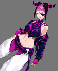 Rule 34 | 1girl, abs, bare shoulders, belt buckle, black bracelet, black hair, blue jacket, bracelet, buckle, capcom, collarbone, colored eyepatch, conto, eyepatch, eyeshadow, fingerless gloves, fingernails, gloves, grey background, hair horns, han juri, highres, jacket, jewelry, long fingernails, makeup, multicolored hair, nail polish, navel, open clothes, open jacket, parted lips, pink eyeshadow, pink hair, purple gloves, purple lips, purple nails, red eyes, simple background, single bare shoulder, skull, skull belt, solo, spiked bracelet, spikes, street fighter, teeth, toned, tongue, tongue out