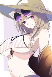 Rule 34 | 1girl, animal ears, arknights, bikini, black jacket, braid, braided ponytail, breasts, closed mouth, commentary, eyewear on head, fang, female focus, grey bikini, hat, highres, hk nnm, jacket, large breasts, light brown hair, long hair, looking at viewer, navel, off shoulder, official alternate costume, open clothes, open jacket, purple-tinted eyewear, purple background, purple eyes, round eyewear, sideboob, simple background, skin fang, smile, solo, stomach, straw hat, string bikini, striped bikini, striped clothes, sunglasses, swimsuit, swimsuit cover-up, tinted eyewear, underboob, upper body, utage (arknights), utage (summer flowers) (arknights)