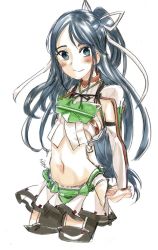 Rule 34 | 10s, 1girl, armor, arms behind back, artist name, asymmetrical gloves, black hair, black thighhighs, blue eyes, blush, closed mouth, cowboy shot, elbow gloves, fingerless gloves, gloves, hair ribbon, japanese clothes, kantai collection, katsuragi (kancolle), long hair, looking at viewer, midriff, pleated skirt, ponytail, remodel (kantai collection), ribbon, sagamiso, simple background, skirt, smile, solo, thighhighs, uneven gloves, white background, white ribbon