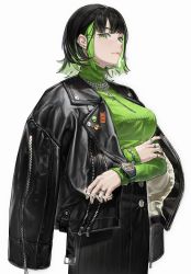 Rule 34 | 1girl, earrings, green eyes, green sweater, hair ornament, hairpin, highres, jacket, jewelry, leather, leather jacket, mole, mole under eye, multicolored hair, original, ring, ryoga, solo, sweater, two-tone hair, watch, white background