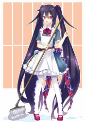 Rule 34 | 1girl, absurdly long hair, bad id, bad pixiv id, black hair, full body, holding, long hair, looking at viewer, maid, mary janes, mop, nyori, original, pantyhose, red eyes, shoes, solo, twintails, very long hair, wet floor