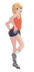 Rule 34 | 1boy, androgynous, ass, bad id, bad pixiv id, blonde hair, from behind, full body, inazuma eleven, inazuma eleven (series), long hair, looking back, male focus, miyasaka ryou, open mouth, shoes, short shorts, shorts, simple background, sneakers, solo, tomo (sjim), track suit, trap, white background