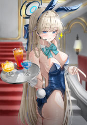 Rule 34 | 1girl, absurdres, animal ears, ass, blonde hair, blue archive, blue eyes, blue halo, blue leotard, breasts, cleavage, commentary, cowboy shot, cup, drinking glass, earpiece, fake animal ears, fake tail, half up braid, halo, highres, holding, holding tray, hsxxx, indoors, large breasts, leotard, looking at viewer, playboy bunny, rabbit ears, rabbit tail, solo, stairs, strapless, strapless leotard, tail, thighs, toki (blue archive), toki (bunny) (blue archive), tray, twisted torso