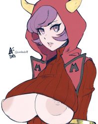 Rule 34 | 2021, aurahack, breasts, courtney (pokemon), creatures (company), dated, game freak, highres, hood, hoodie, horns, huge breasts, large areolae, lips, nintendo, nipples, pokemon, pokemon oras, purple hair, short hair, signature, simple background, solo, twitter username, underboob, white background