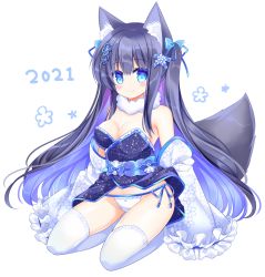 Rule 34 | 1girl, 2021, animal ear fluff, animal ears, bare shoulders, black hair, black kimono, blue bow, blue eyes, blue ribbon, blush, bow, breasts, cleavage, closed mouth, commentary request, detached sleeves, floral print, fox ears, fox girl, fox tail, frilled sleeves, frills, full body, hair between eyes, hair bow, hair ribbon, japanese clothes, kimono, long hair, long sleeves, looking at viewer, medium breasts, multicolored hair, original, panties, print sleeves, purple hair, ribbon, seiza, shikito (yawa0w0), side-tie panties, simple background, sitting, sleeves past fingers, sleeves past wrists, smile, solo, strapless, tail, thighhighs, two-tone hair, two side up, underwear, very long hair, white background, white panties, white sleeves, white thighhighs, wide sleeves