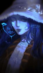 Rule 34 | 1girl, black background, blue hair, blue skin, brown jacket, colored skin, cracked skin, dress, elden ring, extra faces, hat, highres, jacket, long hair, looking at viewer, one eye closed, portrait, ranni the witch, smile, solo, vesper (v17-20), white dress, white hat, witch hat