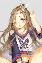 Rule 34 | 1girl, animal print, aqua eyes, bad id, bad pixiv id, blush, brown hair, butterfly hair ornament, butterfly print, butterfly sitting, circlet, crop top, freckles, hair ornament, hoshii hisa, long hair, long sleeves, looking at viewer, navel, one eye closed, open mouth, original, sitting, smile, solo, upper body, very long hair
