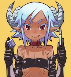 Rule 34 | 1girl, bandeau, bare shoulders, black gloves, blue hair, character request, collar, collarbone, dark-skinned female, dark skin, elbow gloves, eraser, eyebrows, flat chest, gloves, horns, leather, leather gloves, licking lips, matsuda yuusuke, original, pointy ears, red eyes, ribs, shiny skin, short hair, solo, strapless, tan, tongue, tongue out, tube top, upper body, yellow background, yuusha to maou
