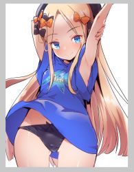 Rule 34 | 1girl, abigail williams (fate), arm behind head, armpits, arms up, bad id, bad twitter id, black panties, blonde hair, blue eyes, blue shirt, bow, caburi, commentary request, fate/grand order, fate (series), hair bow, hat, highres, long hair, no pants, panties, ribbon, shirt, smile, solo, t-shirt, underwear, wind, wind lift