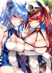 Rule 34 | 2girls, ahoge, argyle, argyle clothes, argyle cutout, azur lane, bare shoulders, black ribbon, blue hair, blush, breasts, chain, chinese clothes, cleavage, clothing cutout, collar, dress, elbow gloves, garter straps, gloves, hair ribbon, hat, highres, honolulu (azur lane), large breasts, long hair, looking at viewer, metal collar, mirei, multiple girls, peaked cap, purple eyes, red eyes, red hair, ribbon, sidelocks, smile, st. louis (azur lane), taut clothes, taut dress, thighhighs, twintails, underboob cutout, white gloves, white legwear