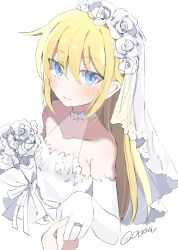 Rule 34 | 1girl, bare shoulders, blonde hair, blue eyes, blush, bouquet, bridal veil, bride, closed mouth, collarbone, commentary request, cropped torso, dress, elbow gloves, flower, gloves, highres, holding, holding bouquet, holding hands, hyphen (samplelog), kill me baby, long hair, looking at viewer, pov, simple background, sleeveless, sleeveless dress, smile, solo, sonya (kill me baby), upper body, veil, wedding dress, white background, white dress, white gloves