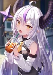Rule 34 | 1girl, absurdres, ahoge, bare shoulders, black horns, braid, braided bangs, chacha zo, cup, detached sleeves, disposable cup, drinking straw, fang, grey hair, highres, hololive, horns, la+ darknesss, multicolored hair, pointy ears, purple hair, skin fang, solo, streaked hair, striped horns, virtual youtuber, yellow eyes