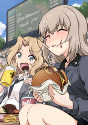 Rule 34 | 2girls, alcohol, beer, beer stein, burger, commission, cup, disposable cup, eating, ehirorotoon, emblem, english text, food, french fries, girls und panzer, highres, holding, holding burger, holding food, itsumi erika, kay (girls und panzer), kuromorimine (emblem), kuromorimine military uniform, multiple girls, saunders military uniform