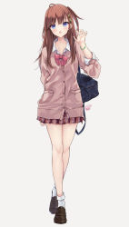 Rule 34 | 1girl, bag, blue eyes, blush, bow, brown cardigan, brown footwear, brown hair, brown skirt, cardigan, claw pose, collared shirt, commentary request, crossed legs, dress shirt, full body, grey background, hair ornament, hairclip, hand up, head tilt, highres, loafers, long sleeves, looking at viewer, maruma (maruma gic), mole, one side up, open mouth, original, plaid, plaid skirt, pleated skirt, red bow, school bag, school uniform, shirt, shoes, simple background, skirt, socks, solo, standing, white shirt, white socks, x hair ornament