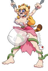 Rule 34 | absurdres, animal ears, armpits, arms up, artist name, barefoot, bdsm, blonde hair, blue eyes, blush, bondage, boo (mario), bound, bowser, chain, claws, clenched hands, clothes lift, collarbone, crown, cuffs, cunnilingus, disembodied limb, dress, dress lift, earrings, feet, full body, ghost, gloves, grabbing, grabbing another&#039;s breast, highres, jewelry, laughing, legs apart, licking, lifting another&#039;s clothes, long hair, looking down, mario (series), mini crown, mini wings, multiple hands, nintendo, nipples, no panties, open mouth, oral, pink dress, plant, princess peach, pussy, raccoon ears, raccoon tail, shackles, sidelocks, signature, simple background, smile, standing, super mario bros. 1, super mario bros. 3, sweat, tadashibaka, tail, tears, teeth, tickling, tongue, tongue out, topless, torn clothes, torn dress, transparent, uncensored, vines, white background, white gloves, white wings, wings, yellow headwear