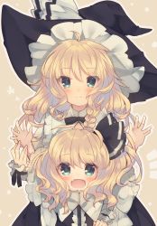 Rule 34 | 2girls, age comparison, arms up, blonde hair, blush, braid, clone, fang, green eyes, hair ornament, hair ribbon, hat, hat ribbon, highres, kirisame marisa, long hair, long sleeves, looking at viewer, md5 mismatch, multiple girls, open mouth, resized, resolution mismatch, ribbon, short hair, side braid, single braid, smile, source larger, time paradox, touhou, usamata, wide sleeves, witch hat