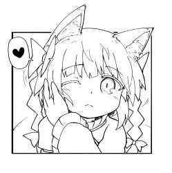 Rule 34 | 1girl, animal ear fluff, animal ears, black border, border, bow, braid, cat ears, commentary request, greyscale, hair bow, heart, highres, kaenbyou rin, kibisake, long hair, long sleeves, looking at viewer, monochrome, one eye closed, petting, shirt, simple background, solo, spoken heart, touhou, twin braids, twintails, upper body, white background