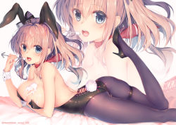 Rule 34 | 10s, 1girl, :o, animal ears, ass, bare shoulders, black footwear, black leotard, blue eyes, breasts, brown hair, character name, cleavage, covered erect nipples, eating, fake animal ears, fake tail, food, food on body, high heels, kantai collection, kerchief, large breasts, leg up, leotard, long hair, lying, multiple views, obiwan, on stomach, open mouth, pantyhose, playboy bunny, rabbit ears, rabbit tail, round teeth, saratoga (kancolle), shoes, solo, spoon, strapless, strapless leotard, tail, teeth, wrist cuffs, zoom layer