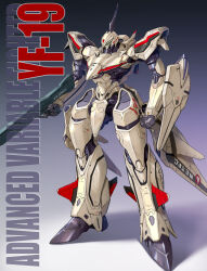 Rule 34 | absurdres, arms at sides, assault visor, battroid, clenched hands, commentary request, finger on trigger, gradient background, gun, highres, holding, holding gun, holding weapon, macross, macross plus, maeda hiroyuki, mecha, military vehicle, no humans, redesign, robot, roundel, science fiction, shadow, solo, standing, u.n. spacy, variable fighter, weapon, yf-19