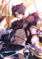 Rule 34 | 1boy, 1other, abs, animal ears, arknights, bandaid, bandaid on face, bandaid on nose, bishounen, black gloves, black hair, cable, chancesmily, electricity, gloves, highres, male focus, midriff, short hair, shorts, solo focus, spread legs, tail, white gloves, windflit (arknights)