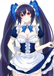 Rule 34 | apron, black hair, breasts, cleavage, confordant, dress, hair between eyes, hairband, highres, long hair, maid, medium breasts, neptune (series), noire (neptunia), paid reward available, red eyes, ribbon, skirt, smile, thighs, tsundere, twintails, zatsu