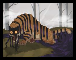 Rule 34 | absurdres, animal focus, bare tree, black border, blood, blood on face, border, claws, constricted pupils, dream tiger (govy9807), fl1p, fog, from side, full body, grass, highres, liquid, looking at viewer, mask, monster, no humans, open mouth, orange fur, original, outdoors, pawpads, sharp teeth, solo, teeth, tiger, tree, tusks, wide mouth, yellow eyes