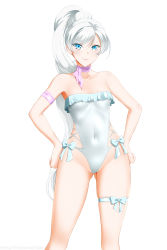 Rule 34 | absurdres, blue eyes, choker, highres, kimmy77, ribbon, rwby, scar, side ponytail, swimsuit, weiss schnee, white hair