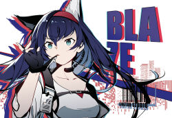 Rule 34 | 1girl, adjusting clothes, adjusting gloves, animal ears, aqua eyes, arknights, bad id, bad pixiv id, barcode, black gloves, blaze (arknights), blue hair, breasts, cat ears, character name, closed mouth, collarbone, extra ears, fingerless gloves, gloves, hairband, headset, jacket, jacknavy, long hair, long sleeves, looking at viewer, medium breasts, open clothes, open jacket, red hairband, shirt, solo, upper body, white jacket, white shirt