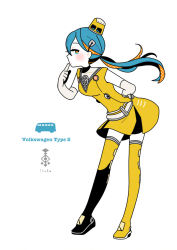 Rule 34 | 1-tuka, 1girl, aqua hair, artist name, boots, elbow gloves, english text, finger to mouth, from side, full body, gloves, hat, looking at viewer, multicolored hair, orange hair, original, personification, polka dot, simple background, solo, standing, thigh boots, thighhighs, two-tone hair, volkswagen, white background, yellow thighhighs