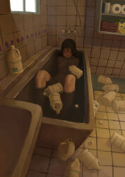 Rule 34 | 1girl, bathroom, bathtub, black hair, bleach (chemical), blue eyes, bottle, breasts, closed mouth, commentary, completely nude, english commentary, faucet, hair between eyes, highres, indoors, knees up, medium breasts, medium hair, nude, original, others (gogo-o), partially submerged, shampoo bottle, sink, sitting, solo, tile floor, tile wall, tiles, toilet paper, towel, water, window