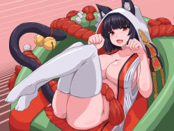 Rule 34 | 1girl, :d, animal ear fluff, animal ears, azur lane, bell, black hair, blunt bangs, blush, breasts, cat ears, cat tail, cleavage, collarbone, commentary request, fang, highres, hood, jingle bell, large breasts, legs, legs up, looking at viewer, lying, on back, open mouth, paw pose, raseruta, red eyes, short hair, smile, solo, tail, tail bell, tail ornament, thick thighs, thighhighs, thighs, white thighhighs, yamashiro (azur lane), yamashiro (bridal attack!) (azur lane)