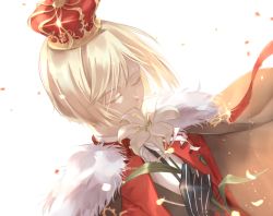 Rule 34 | 10s, 1boy, black gloves, blonde hair, cape, closed eyes, closed mouth, collared shirt, commentary request, crown, fate/extra, fate (series), flower, fur trim, gloves, hand up, highres, holding, holding flower, jacket, leonard bistario harway, long sleeves, male focus, red jacket, shirt, short hair, simple background, smelling, solo, tsushima touko