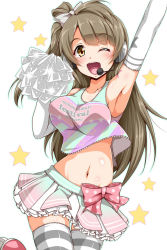 Rule 34 | 10s, 1girl, arm up, armpits, blush, bow, brown eyes, brown hair, cheerleader, elbow gloves, gloves, hair bow, headset, long hair, looking at viewer, love live!, love live! school idol project, midriff, minami kotori, navel, one eye closed, open mouth, pom pom (cheerleading), side ponytail, skirt, smile, solo, striped clothes, striped thighhighs, takaramonozu, thighhighs, tjk, white gloves, yopparai oni