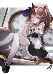 Rule 34 | 1girl, animal ears, apron, arm garter, black footwear, black skirt, bloomers, chaise longue, collar, corset, frilled collar, frilled hairband, frilled thighhighs, frills, hairband, highres, horse ears, horse girl, horse tail, index finger raised, k11iii, lace, lace-trimmed legwear, lace trim, long hair, looking at viewer, maid apron, multicolored hair, one eye closed, open mouth, ponytail, shoes, sitting, skirt, solo, streaked hair, tail, thighhighs, tokai teio (umamusume), umamusume, underwear, white thighhighs, wrist cuffs