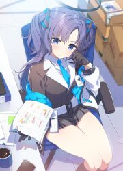 Rule 34 | 1girl, black gloves, black skirt, blue archive, blue eyes, blue necktie, blush, box, breasts, cardboard box, chair, collared shirt, cup, gloves, hair ornament, halo, holding, jacket, koruri, long hair, long sleeves, looking at viewer, medium breasts, mug, necktie, office chair, open clothes, paper, pen, pleated skirt, purple hair, shirt, sitting, skirt, solo, swivel chair, two side up, white shirt, yuuka (blue archive)
